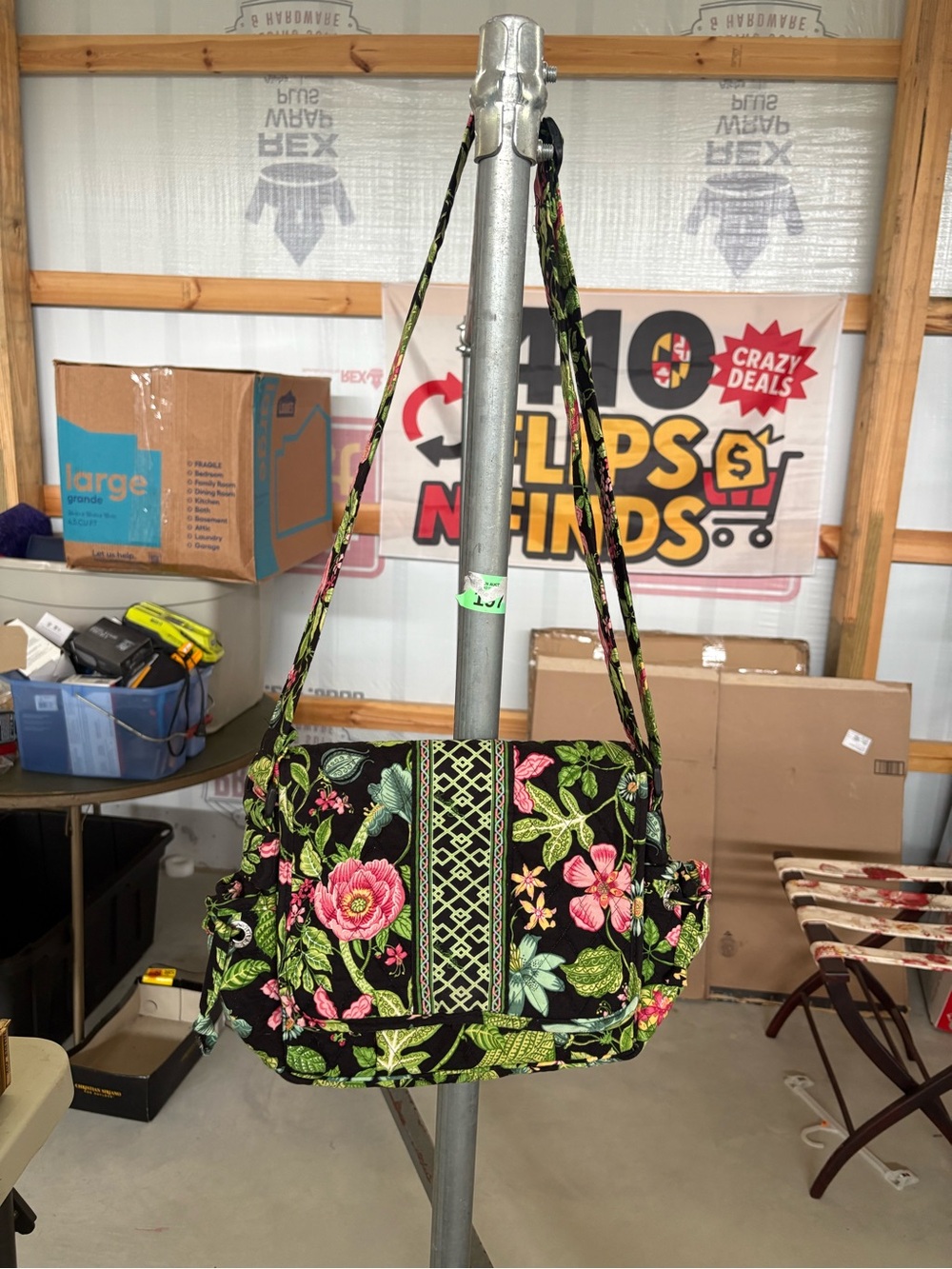 Vera Bradley Black Quilted Shoulder Bag with Pink & Green Floral Print